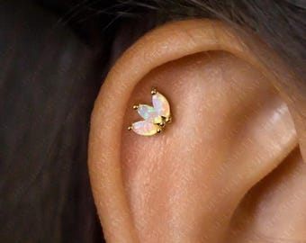 3-Leaf Opal Stud, Threadless Flat Back Earring, Minimalist Style, A-SS584