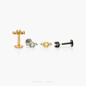 3 petites pierres, opale et blanc, boucle d'oreille sans filetage à l'arrière plat, calibre 20,18,16, 5-10 mm unisexe, acier chirurgical SHEMISLI SS895