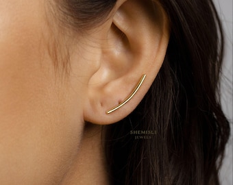 Simple Long Bar Climber Earring, Unisex, Gold, Silver SHEMISLI SS084 LR
