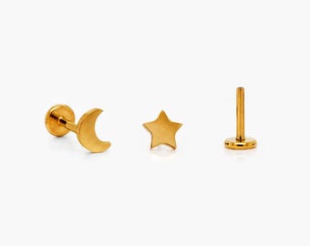 Star and Moon Stud, Threadless Flat Back Earring, Minimalist Style, A-SS567 SS568