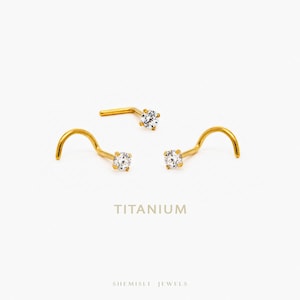 White Stone Nose Stud, L Bend, Left or Right Corkcrew, 20, 18ga, Stone Size 1.5, 2, 2.5, 3mm Unisex, G23 Titanium SS405.., SS381.., SS770..