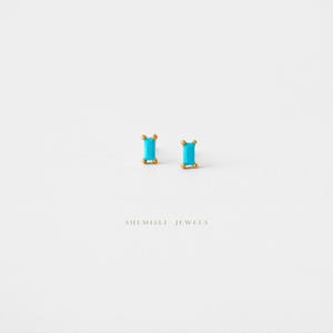 Tiny Baguette Stud Earring, White Emerald Turquoise Sapphire Black Opal, Unisex, Gold, Silver SS143, SS023, SS107, SS339, SS340, SS008