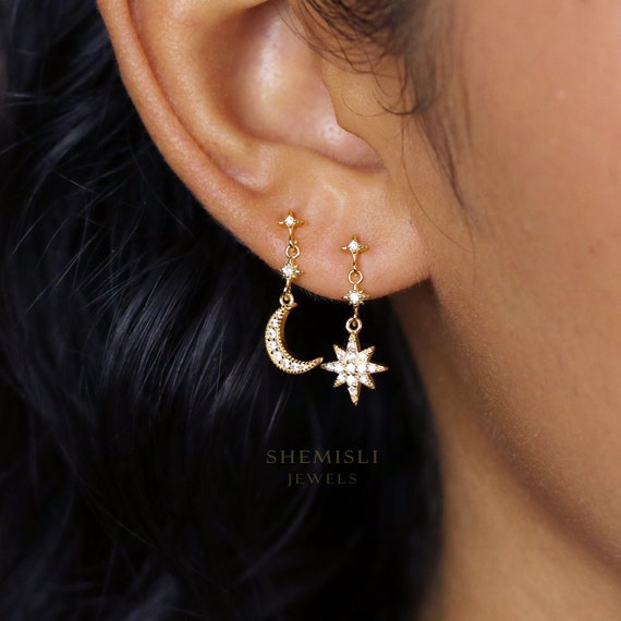 Moon and Star Celestial Dangle Earrings