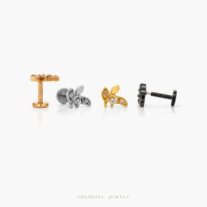 Tiny Leaf Threadless Flat Back Earring, 20,18,16ga, 5-10mm Unisex, Surgical Steel SHEMISLI SS915