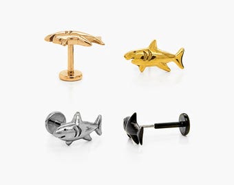 Shark Stud, Threadless Flat Back Earring, Minimalist Style, A-SS579