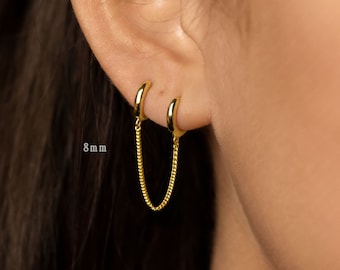 Double Hoop Earrings With Chain for Two Piercings, Huggies, Gold, Silver SHEMISLI - SH006, SH615