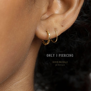 Double Hoop Earring - Only 1 Piercing needed, Unisex, Gold, Silver SHEMISLI - SH189 NOBKG LR