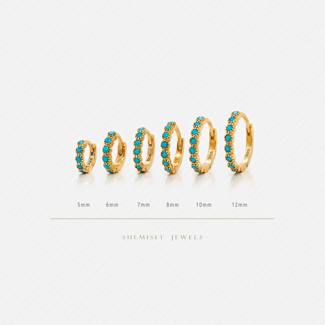 Simple Turquoise CZ Hoop Earring, Huggies, Unisex, Gold