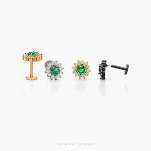 Petite boucle d'oreille sans filet à dos plat fleur d'émeraude, calibre 20,18,16, 5-10 mm unisexe, acier chirurgical SHEMISLI SS996