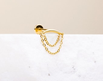 Double Dangle Chain Stud, Threadless Flat Back Earring, Minimalist Style, A-SS1002