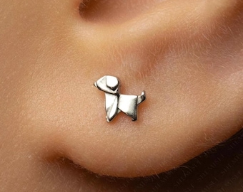 Origami Dog Stud, Threadless Flat Back Earring, Minimalist Style, A-SS1769