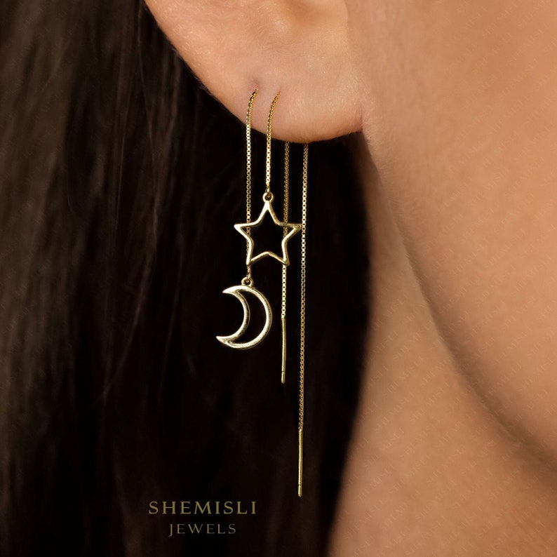 Mismatched Open Moon and Star Ear Threader, SHEMISLI ST011 NOBKG image 1