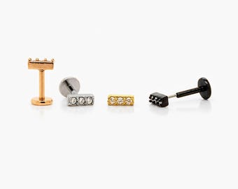 CZ Bar Stud, Threadless Flat Back Earring, Minimalist Style, A-SS590