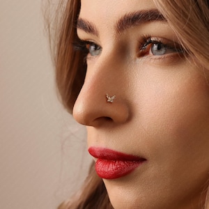 Tiny Butterfly White Stone Threadless Flat Back Nose Stud, 20,18,16ga, 5-10mm, Unisex, Surgical Steel, SHEMISLI SS553