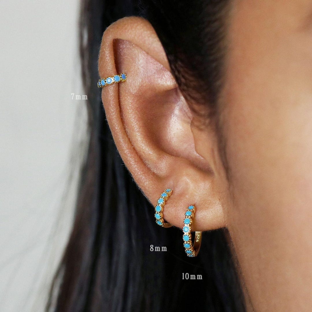 Simple Turquoise Cz Hoop Earring, Huggies, Unisex, Gold
