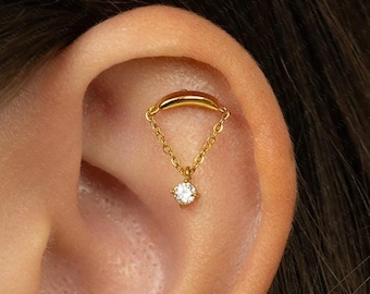 Dangle Chain Gem Stud, Threadless Flat Back Earring, Minimalist Style, A-SS1004