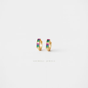 Multicolored Rainbow CZ Hoop Earring, Huggies, Unisex, Gold, Silver SHEMISLI SH194