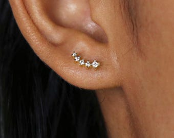 White Stones Ear Climber, Stud Earring, Minimalist Style, A-SS082