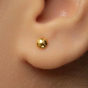 A close-up of a person's ear with a small gold-colored earring inserted.