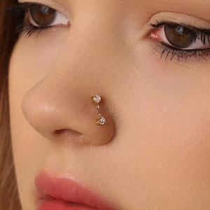 Dangle 2-Gems Nose Stud, Threadless Flat Back, Minimalist Style, A-SS892
