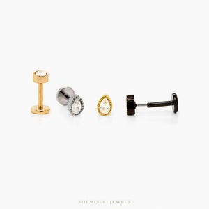 Tiny Teardrop White Stone Threadless Flat Back Earring, 20,18,16ga, 5-10mm Unisex, Surgical Steel SHEMISLI SS594