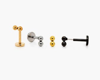 2 Beads Stud, Threadless Flat Back Earring, Minimalist Style, A-SS592