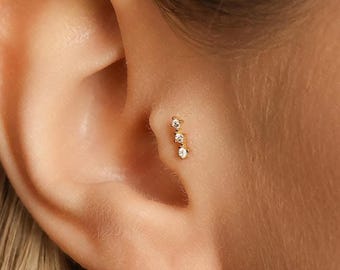 Triple Stones Tragus Stud, Threadless Flat Back Earring, Minimalist Style, A-SS983
