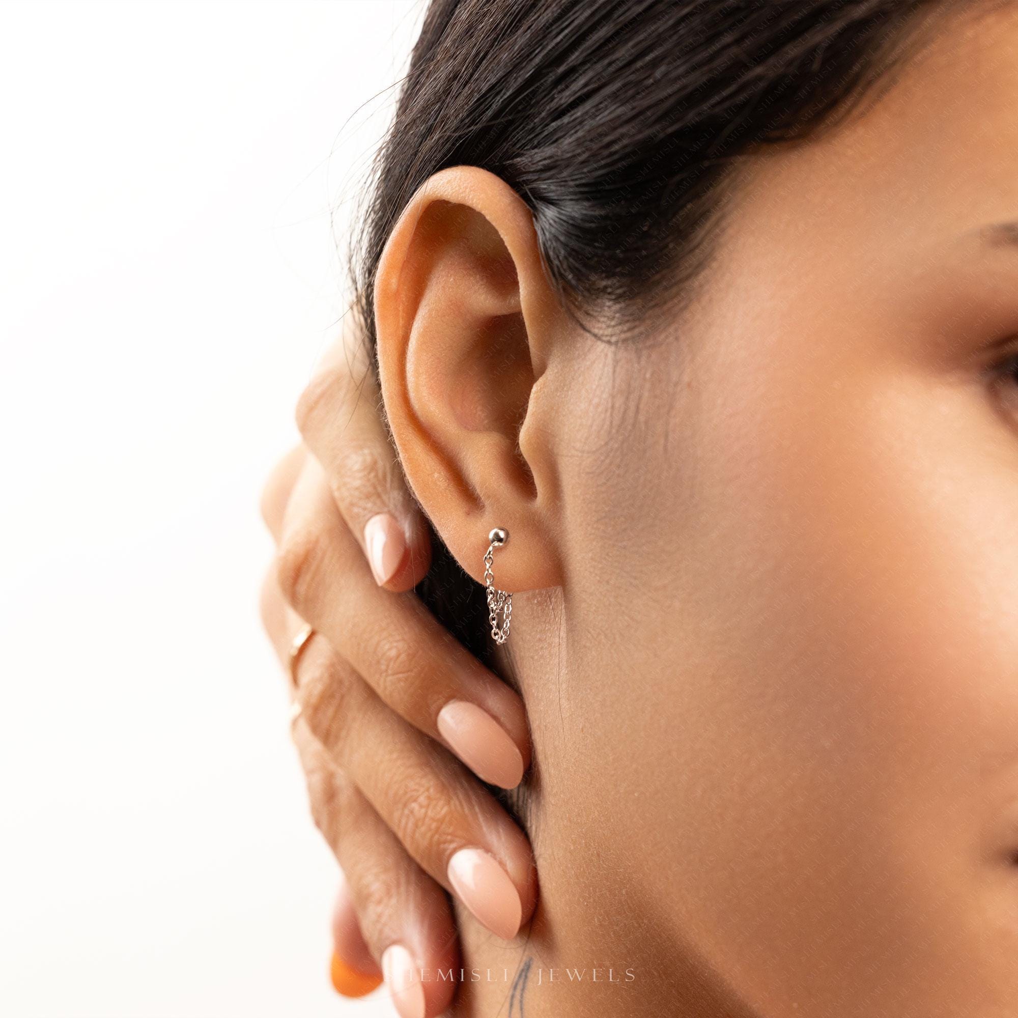 Double Chain Helix Earring With Screw Ball End, Unisex, Gold, Silver SHEMISLI SS1332 (Type A Ball End)