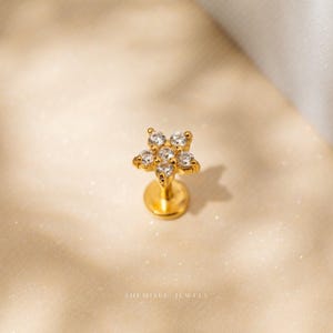 Tiny 5 Petal Flower with White Stones, Threadless Flat Back Nose Stud, 20,18,16ga, 5-10mm Unisex, Surgical Steel SHEMISLI SS571