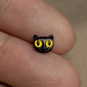 Petite boucle d'oreille sans filetage à dos plat tête de chat noir, calibre 20,18,16, 5-10 mm unisexe, acier chirurgical SHEMISLI SS1272