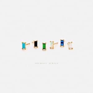 Tiny Baguette Stud Earring, White Emerald Turquoise Sapphire Black Opal, Unisex, Gold, Silver SS143, SS023, SS107, SS339, SS340, SS008