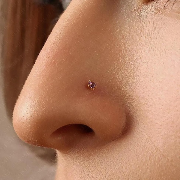 Clou de nez en améthyste, dos plat sans filetage, style minimaliste, A-SS603