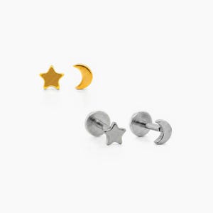 Star and Moon Stud, Threadless Flat Back Earring, Minimalist Style, A-SS903 SS904