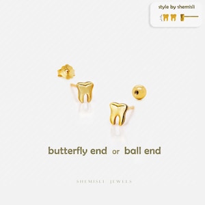 Tiny Tooth Stud Earring, Unisex, Gold, Silver SHEMISLI SS875 Butterfly End, SS876 Screw Ball End (Type A)
