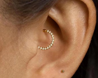 Gemstone Paved Daith Hoop, Clicker Earring, Minimalist Style, A-SH303 SH038