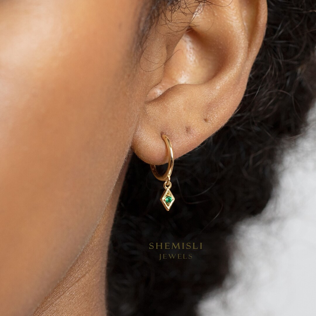 thumbnail interactive-video image 1 of 9ct Yellow Gold Over Silver Simulated Blue Sapphire & CZ Dangle Hoop Earrings 12mm 1 of 3