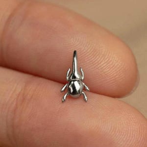 May include: A small, polished silver-toned beetle charm featuring a smooth, rounded body, a prominent horn-like protrusion on the head, and six distinct legs extending from the sides. The metallic surface reflects light, highlighting its curved shape.