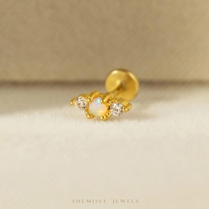 Opal White Tragus Stud, Threadless Flat Back Earring, Minimalist Style, A-SS895