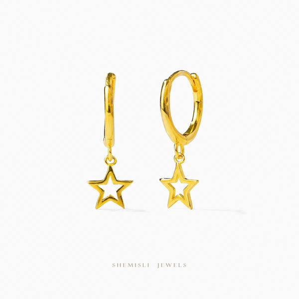 Open Star Dangle Hoop, Huggies Earring, Minimalist Style, A-SH674