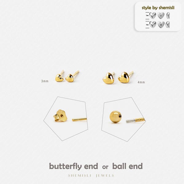 Heart Stud, Butterfly End or Screw Ball End Earring, Minimalist Style, A-SS025 SS026 SS641 SS642