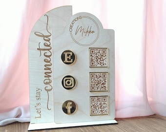 Custom Social Media QR Code Wooden Sign | Engraved Wooden Instagram Table Display | Business Logo Double Layer Sign | Triple Icon Biz Stand