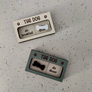 Custom Pet Task Reminder Engraved Slide Dog Feeding Wall Sign Rustic Dog Tracker Breakfast Dinner Magnet Fed or Not image 1
