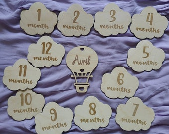 Custom Hot Air Balloon + Cloud Milestone Cards | Wooden Month Plaques | Personalized Newborn Baby Gift | 3D Acrylic Name Baby Photo Prop