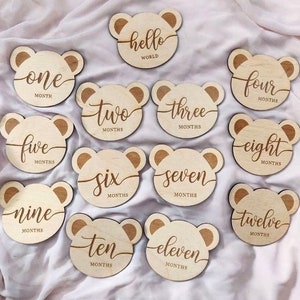 Teddy Bear Shaped Milestone Cards | Wooden Month Plaques | Newborn Baby Gift | Baby Photo Prop