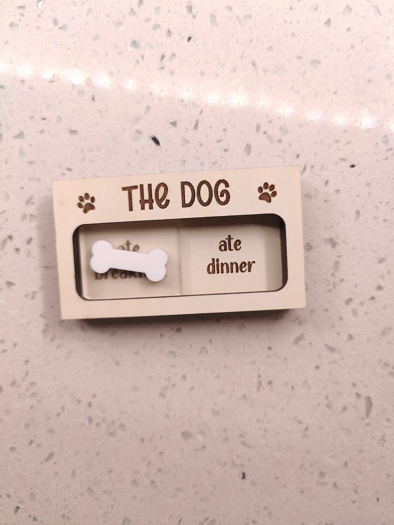 Custom Pet Task Reminder Engraved Slide Dog Feeding Wall Sign Rustic Dog Tracker Breakfast Dinner Magnet Fed or Not image 3