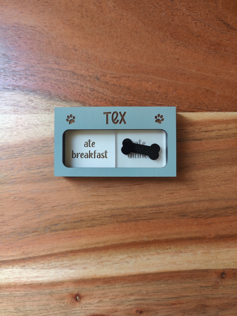 Custom Pet Task Reminder Engraved Slide Dog Feeding Wall Sign Rustic Dog Tracker Breakfast Dinner Magnet Fed or Not image 4