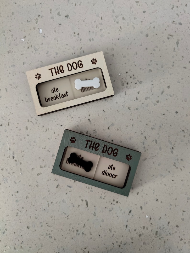 Custom Pet Task Reminder Engraved Slide Dog Feeding Wall Sign Rustic Dog Tracker Breakfast Dinner Magnet Fed or Not image 1