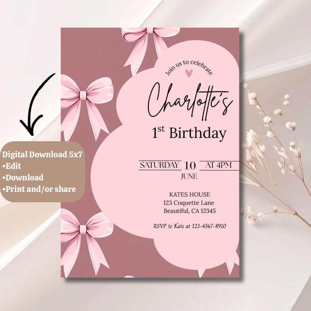 Bow 1st Birthday Invitation Digital Download Bow Invite Template Bows ...