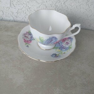 Queen Anne Rare Cup & Saucer Bone China  White Floral Blue Red England For  Bone China Collector Vintage Lover Footed Cup English Tea Set