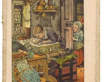 May include: An illustration of a young boy reading a large, open book in a dimly lit room. A girl stands in the doorway, looking at the boy. The room is filled with various objects, including a globe, a clock, and a stuffed alligator.